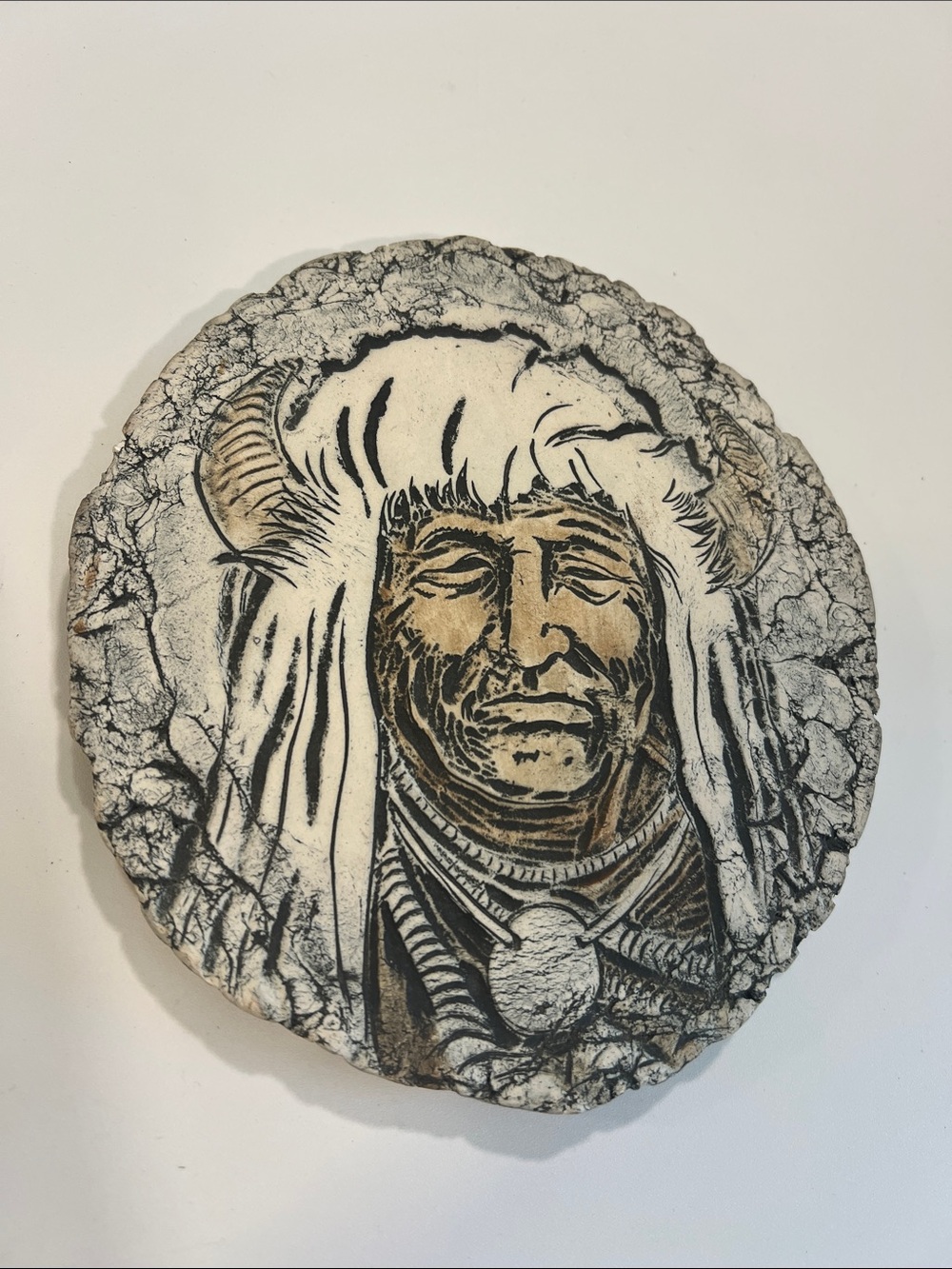 Handmade‎ Native American Plaque - neutral beige, gray/white, pottery plaque